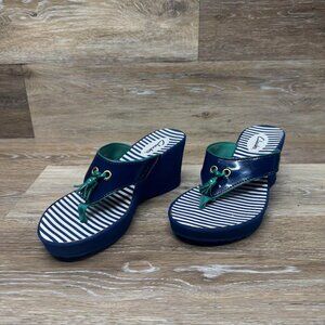 Clarks Yacht Flash Blue/Green Wedge Thong Sandal Women's Size 6